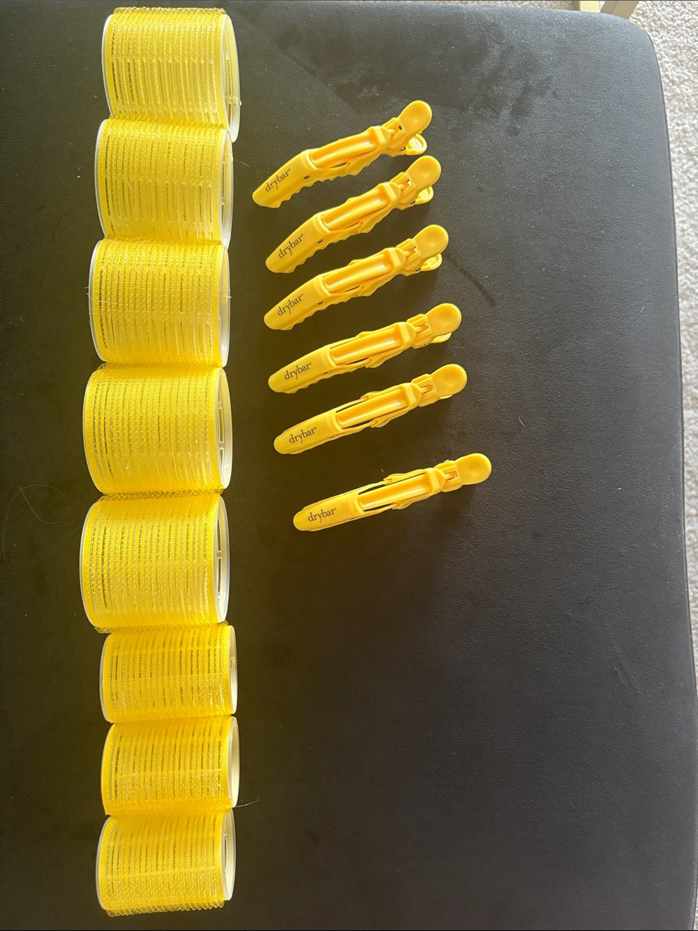 Drybar Yellow Velvet Rollers and Matching Yellow Sectioning Clips